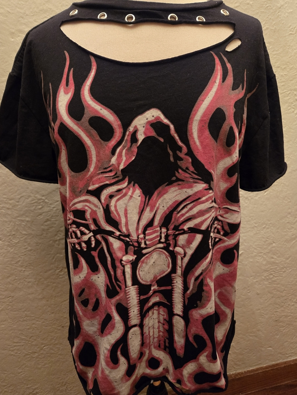 Current Mood Distressed Biker Graphic Tee Grommet Cutout Grunge Punk Goth Top